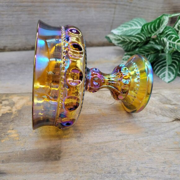 Candy Dish King's Crown Colony Marigold Carnival Glass Iridescent Compote - Picture 9 of 11